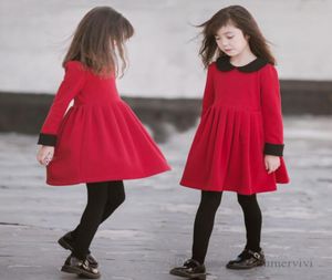 Big Girls Red Pleated Dresses Kids Contrast Color Doll Collar Long Sleeve Dress Christmas Children Princess Clothing Q22887937069