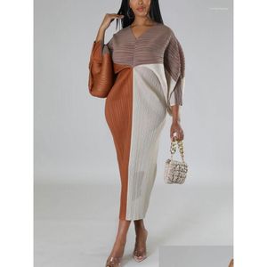 Basic & Casual Dresses Casual Dresses Oversized Baggy Dress Batwing Sleeve V Neck Color Block Loose Folds Long Robes Women Vacation O Dhv5W