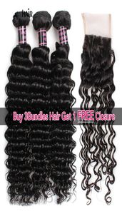 Brazilian Hair Extensions Indian Human Hair Bundles with Closure Curly Body Buy 3Bundles Get A Closure Straight Loose Wave Wa8830547