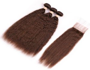 Chocolate marrom kinky cabelo humano reto 3 pacotes com fechamento 4 médio marrom grosso yaki cabelo brasileiro tece com renda encerramento1223406