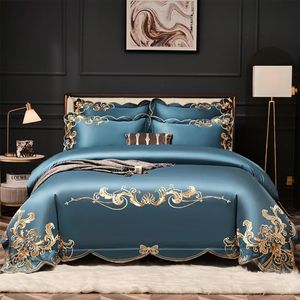 High-end ouro bordado conjunto de cama luxo 4 pçs azul egito algodão capa edredão folha linho fronhas cor sólida casa textil253v