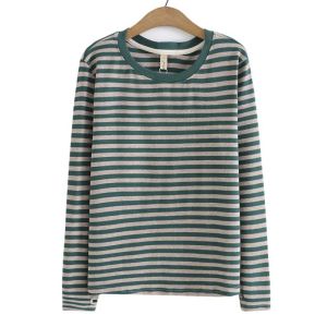 Tシャツ4XL長袖Tシャツプラスサイズの女性用服シンプルなストライプコットンニットボトムトップ