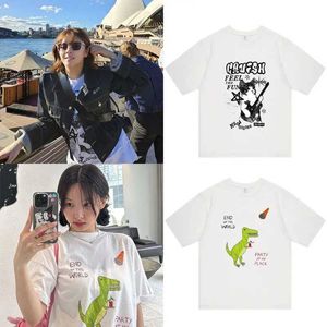 Kvinnor tshirt nyckelringar lanyards två gånger koreanska im nayeon yoo jeongyeon samma korta ärm tshirts kvinnor sommar lös dinosauri katt halva ärm bomull tryck j240309