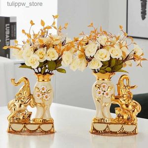 Vases European Style Ceramic Golden Vase Arrangement Dining Table Home Decoration Accessories Creative Golden Elephant Vases L240309