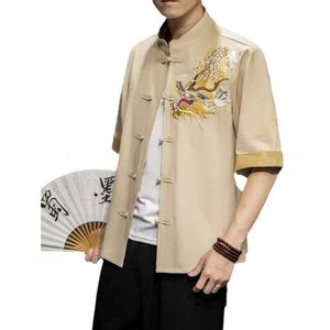 2023 Sommar Nya mäns casual retro plattknapp Cardigan T-shirt Men's Chinese Style Youth Brodery Color Block T-shirt