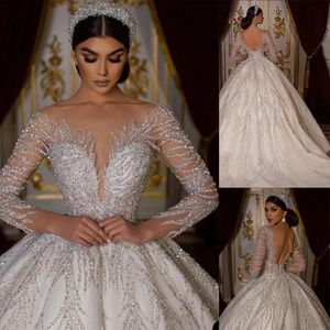 Full Bling Seeders Ball Gown Wedding Dress Sheer Jewel Neck Bridal Gowdsyd