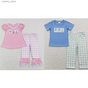 T-Shirts Toddler Kısa Kollu Nakış Gömlekleri Çocuklar Ekose Pantolon Erkek Kız Set Pijama Bebek Çocuklar Doğum Günü Sweet Göz Kıyafet L240311