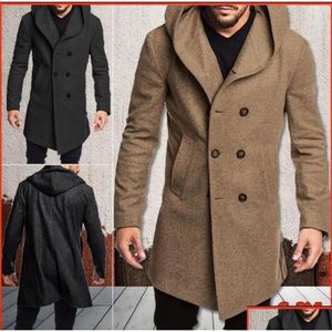 Herrgravrockar Autumn Winter Men Coats Long Woolen Trench Fashion Brand Casual Button Pockets Huva överrockar Drop Leverans Appar Dhyzb