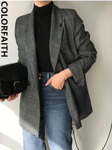 Colorfaith xadrez duplo breasted bolsos jaquetas formais xadrez primavera inverno das mulheres blazers outerwear topos jk7113 240305