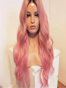 Długa falista symulacja ludzka peruka włosy 180 Bezpoślizgowa, odporna na ciepło syntetyczną koronkową przednią perukę z dziecięcymi włosami Ombre różowe peruki F5539598