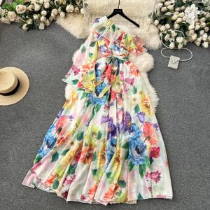 Basic Casual Dresses 2024 Summer One Shoulder Long Chiffon Dress Women's Flare Sleeve Flower Print Belt Lace Up Holiday Beach Maxi Vestidos