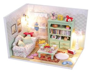 Creative Handmade Miniature Doll House DIY Wood Assemble Dolls House med mini möbler dammtäcke dollhouse Model Building Kit3001210