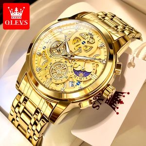 OLEVS Mens Watches Top Brand Luxury Original Waterproof Quartz Watch for Man Gold Skeleton Style 24 Hour Day Night 240227