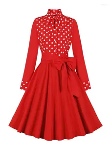 Casual Dresses 2024 Retro Bow Neck Button Up Polka Dot Red Elegant Dress Autumn Winter Clothes Women Long Sleeve Belted Pinup Vintage