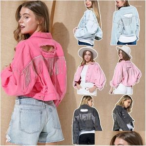 Women'S Jackets Fashion Denim Jacket Casual Jean Coat Women Autumn Winter High Street Ripped Rhinestone Fringed Jackets Coats Female D Dhhlw