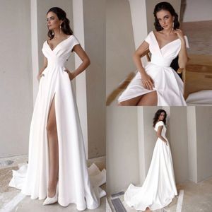 Boho Garden A Line Wedding Gowns Simple Satin Off Shoulder Sexy High Split Beach Modest Bridal Dresses Sweep Train Vestidos De Nov287f