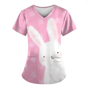 Women's T Shirts Fashion Easter Printed Short Sleeve V-Neck Top Small Pocket Work T-Shirt Korean Reviews Many Clothes Ropa De Mujer