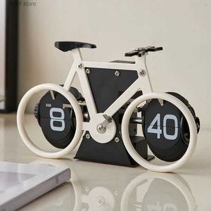 Dekorativa föremål Figurer Modern Artificial Flip Down Page Desk Clock Retro Bicycle Flip Table Clock rostfritt stål Mekanisk automatisk klocka Heminredning T240