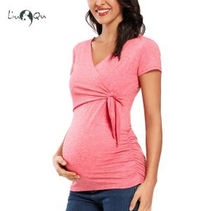 Camiseta feminina de manga curta, camisetas para maternidade, verão, envoltório para grávidas, roupas para amamentação, cor sólida, blusas para gravidez