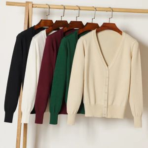 Cardigans enkla tröja kvinnor 2022 ny fast färg cardigan kvinnlig stickad tröja långärmad avslappnad vneck cardigans kvinna toppar za 6xl