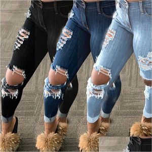 Женские джинсы с высокой талией, рваные джинсы для женщин, винтажные расклешенные джинсы с дырками внизу, джинсовые узкие брюки, брюки, Прямая доставка одежды Dhpeq