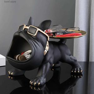 Objetos decorativos estatuetas legal bulldog francês mordomo dcor com bandeja boca grande cão estátua caixa de armazenamento animal resina sculputre estatueta casa dcor presente t240309