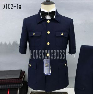 Suits Navy Blue Suits for Men 2 Pieces Slim Fit Fashion Chinese Tunic Suit Wedding Blazer Pants Set Short Sleeved Shirt Tuxedo for Men