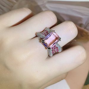 Simple Cold Style Same Style with Pink Diamond Ring Female Personality Opening Index Finger Pink Gem Rings