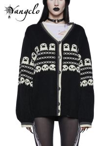 Cardigan Yangelo Halloween Gothic Retro Fantasma Modello Maglione Cardigan lavorato a maglia Top Donna Y2K Maglione caldo con scollo a V Streetwear