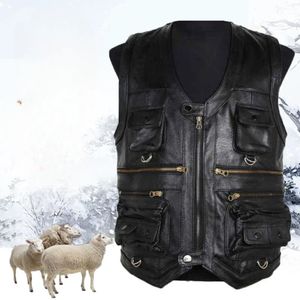 Spring Autumn Men Genuine Leather Vest Male Multiple Pockets Sleeveless Coats Men V-neck Real Sheepskin Waistcoat D418 240226