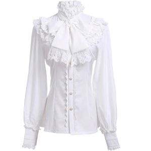 Shirts Womens White Bowknot Lace Ruffled Shirts Vintage Vampire Renaissance Victorian Steampunk Gothic Medieval Shirt Halloween Costume