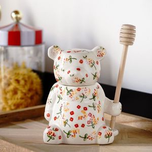 Pote de mel de urso fofo de cerâmica 300ml, jarra de armazenamento com tampa para colher de cozinha, acessório de decoração de casa, ferramentas de cozinha, presentes criativos 251g