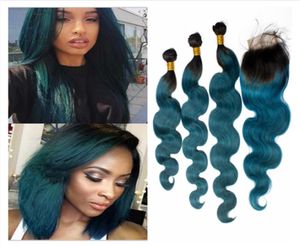 Dark Roots Dark Green Ombre Virgin Brazilian Human Hair With Closure 4Pcs Lot Body Wave 1BGreen Ombre 4x4 Lace Closure With 3Bund2112746