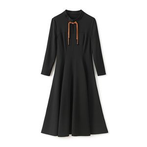 2024 Spring Black Solid Color Ribbon Tie Bowknot Dress Long Sleeve Stand Collar Midi Casual Dresses W4M016405