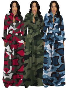 Mulheres camuflagem vestido longo elegante mangas compridas lapela pescoço botões uma linha casual maxi camisa vestidos até o chão s3826711