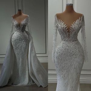 Düğün Denizkızı Elbiseleri Söndürülebilir Trenli Şeffaf Boyun Uzun Kollu Gelin Gowns Vestido Novia Boncuk Aptalları Gelin Elbise