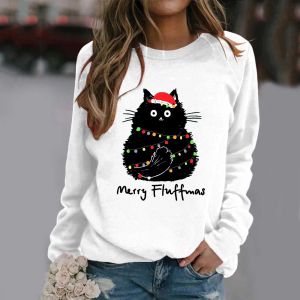 Sweatshirts Ful Fat Cat Hoodies Womens Christmas Print Sweatshirt Round Neck Fit Hooded Pullover Tops Xmas långärmad lättvikttröja