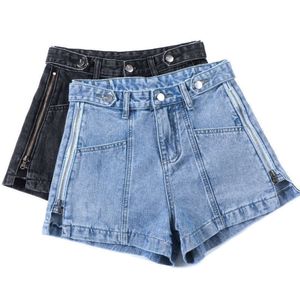 Shorts jeans de verão feminino coreano, novo estilo, linha a, emagrecimento, perna larga, calças skinny fit com zíper sexy, fenda bordada