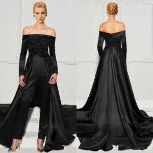 2022 Black Lace Jumpsuits Evening Dresses With Detachable Train Off The Shoulder Beaded Formal Gowns Long Sleeves Sequined Prom Dr224I