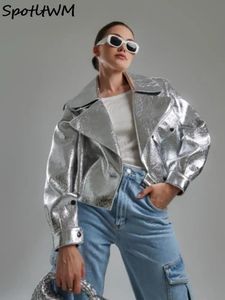 Chic Silver Fake Leather Womens Jackets Elegant Loose Lapel Långärmad PU Coat Autumn Lady Fashion Motorcykel överrock 240309