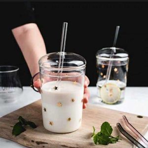 Tassen 460 ml hitzebeständige Glastasse Transparente Kaffeetasse mit DeckelStroh Home Milchsaft Blumentee Reisen Trinken248g