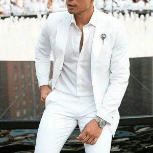 Garnitury 2023 Summer Beach White Linen Groom Tuxedos Weselne garnitury na ślub 2 sztuki Mężczyźni Blazery Slim Fit Homme (kurtka+spodnie)