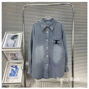 Kadınların yaka gevşek uzun kollu işlemeli denim gömlek gelişmiş baskı kadın tişört fransız moda giyim iki c mektup resim moda uzun kollu üst