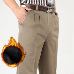 Calças masculinas 2024 quente grosso velo inverno casual homens soltos em linha reta clássico cintura alta algodão calças de escritório plus size 42 44 46