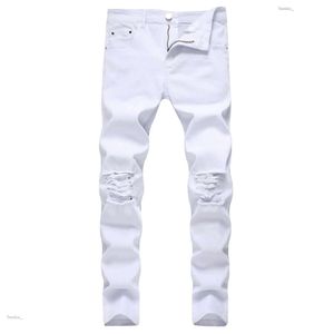 Дизайнерские белые мужские джинсы рваные черные узкие джинсовые эластичные брюки на пуговицах в стиле хип-хоп Thekhoi-6 289