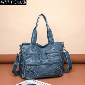 Annmouler Fashion Bag for Women Vintage Soft Pu Leather Handväskor stor kapacitet Tygväska Många fickor Messenger Bag SAC 240304
