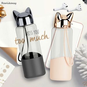 Cute Cat Ear Durable Glass Water Bottles practical Coffee Milk Juice Kettle Creative Home Office Student Drinkware C670 240306