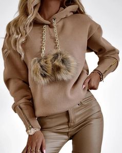 2024 Kvinnors tröjor Autumn Fashion Chain Zipper Design Pom Casual Plain Long Sleeve Daily Hoodie 240223