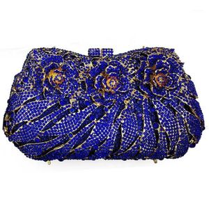 Gold Metal Evening Clutch Blue Crystal Purse Women Floral Phone Bag Ladies Rhinestone Diamond Mini Clutches Female Bags1296A