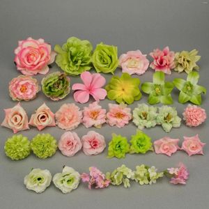 Flores decorativas 34 peças de seda artificial verde diy artesanato fazendo conjunto conjunto de cabeças de flores rosa em massa número de parede floral acessórios de decoração